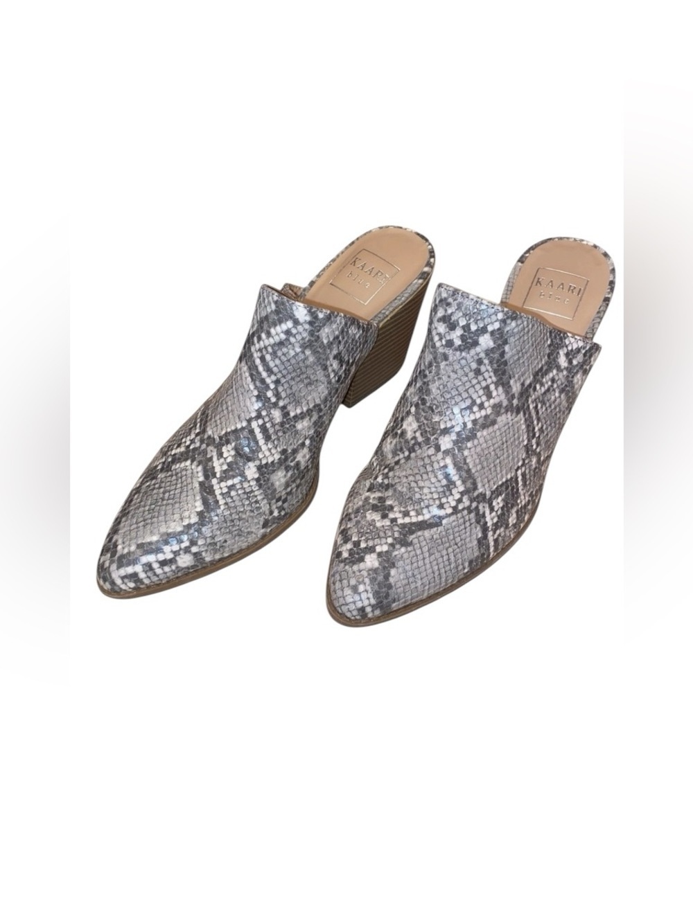 KAARI BLUE “Eliza” Faux Snakeskin Leather 3-1/2” Block Heels Slip On Style Mules